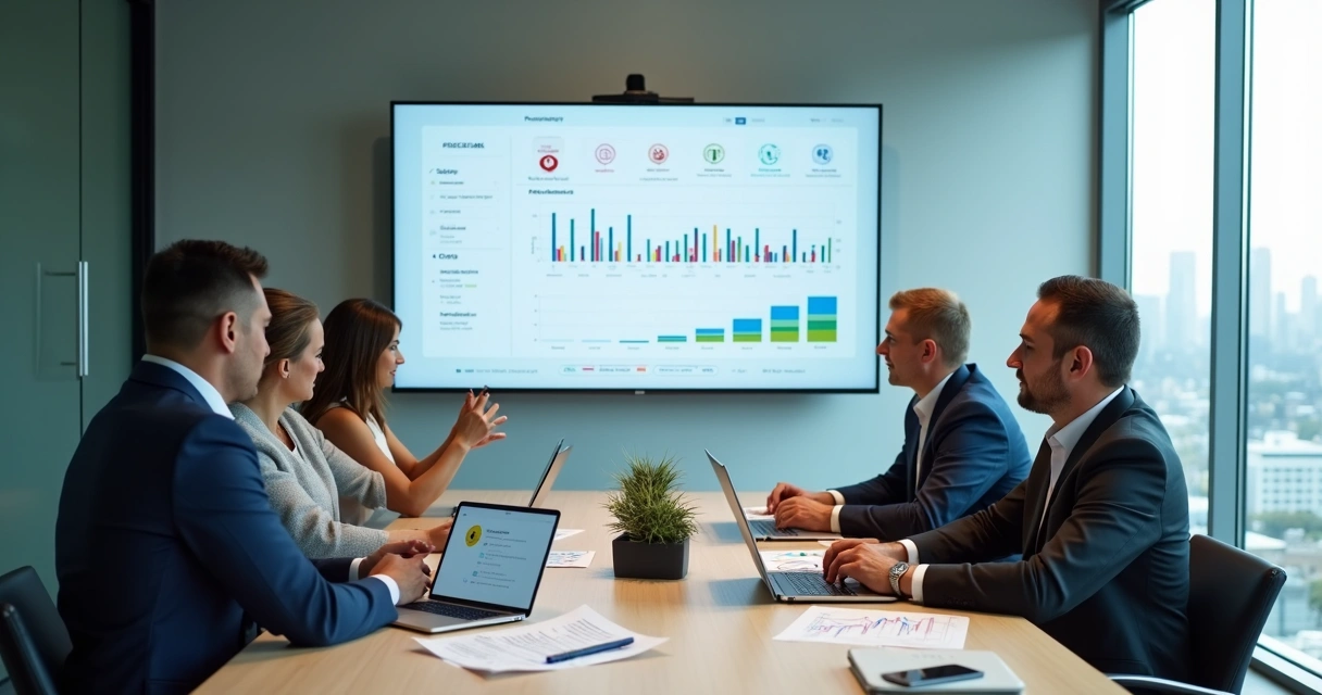 Gestores comparando opções de software de gestão financeira em tela grande interativa 