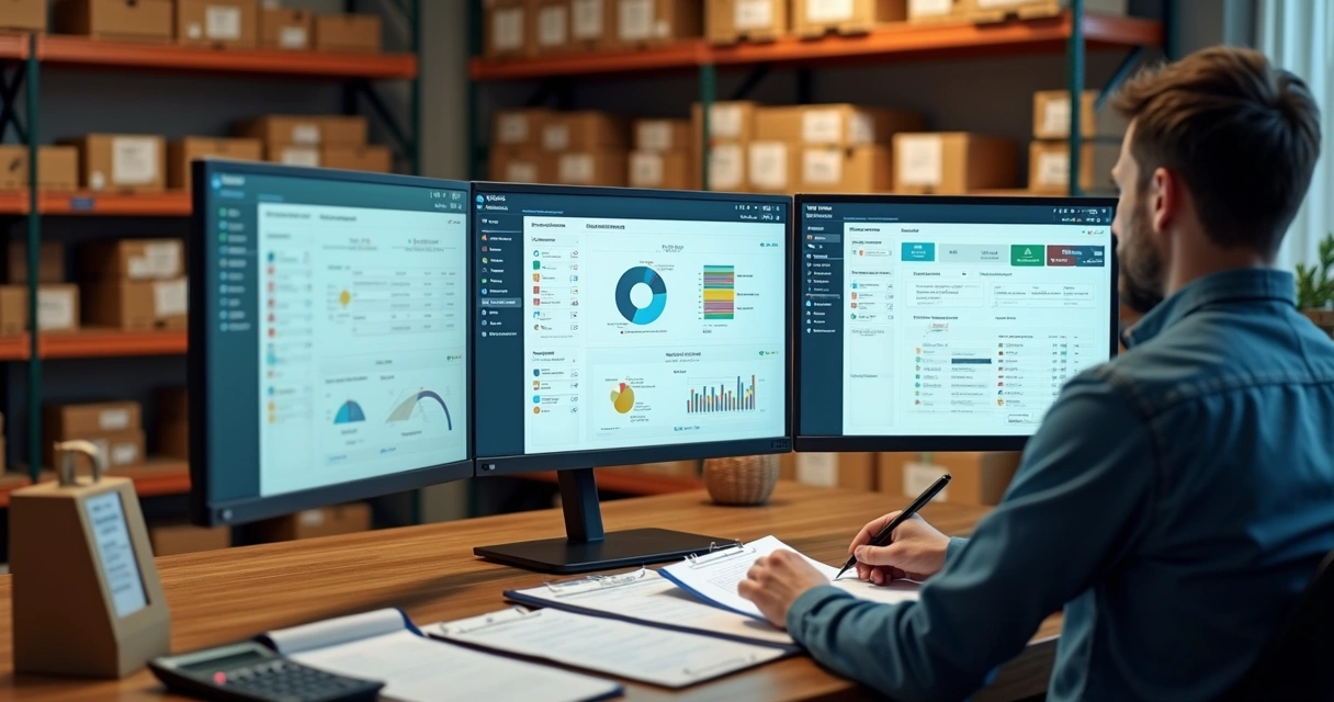 Dona de pequena empresa analisando telas de softwares de gestão diferentes em mesa organizada 