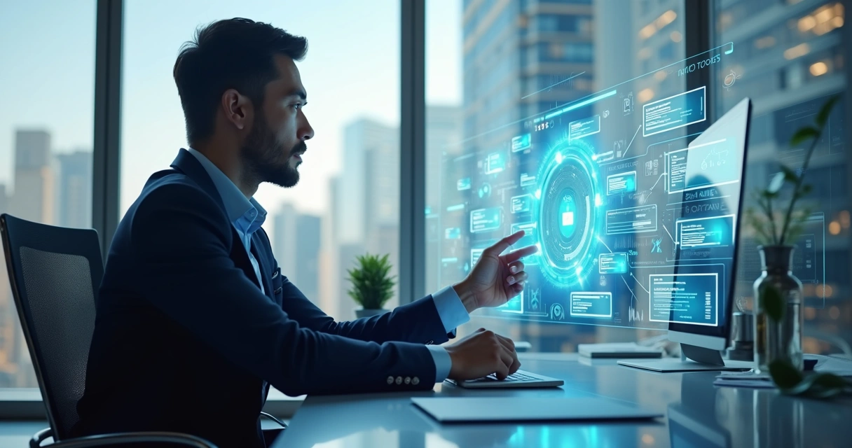 Um executivo analisando gráficos e comparando software pronto e solução personalizada em um escritório moderno 