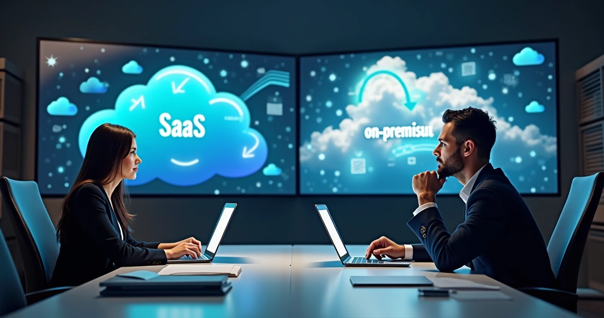Dois profissionais discutindo diante de telas mostrando SaaS e on-premise