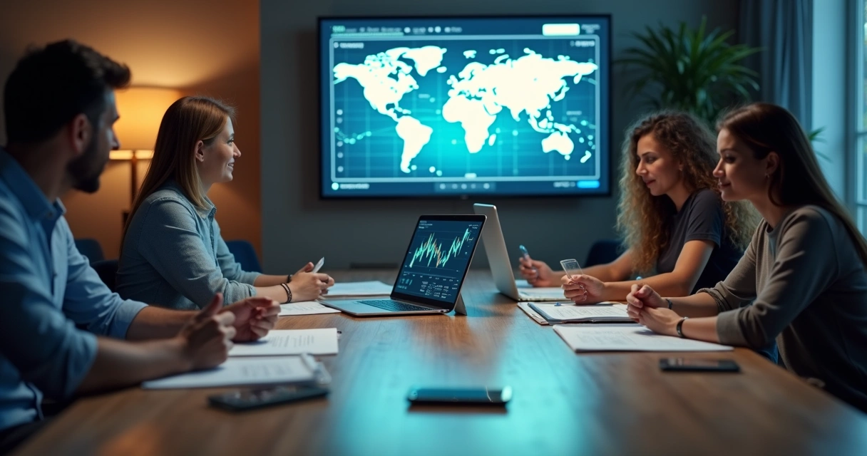 Mesa de reunião com quatro pessoas discutindo soluções cripto para empresas, laptop aberto mostrando gráfico de criptomoedas, documentos e smartphone com app financeiro 