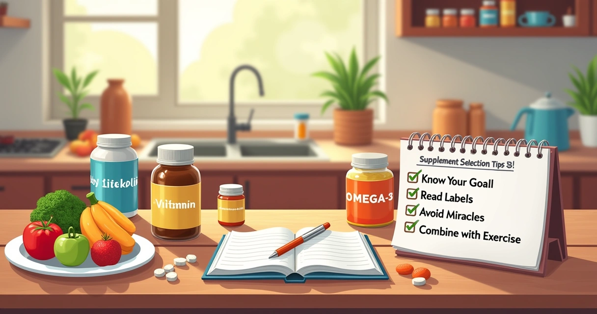 Cozinha acolhedora com suplementos, alimentos saudáveis, e dicas de seleção em um caderno sobre a mesa.