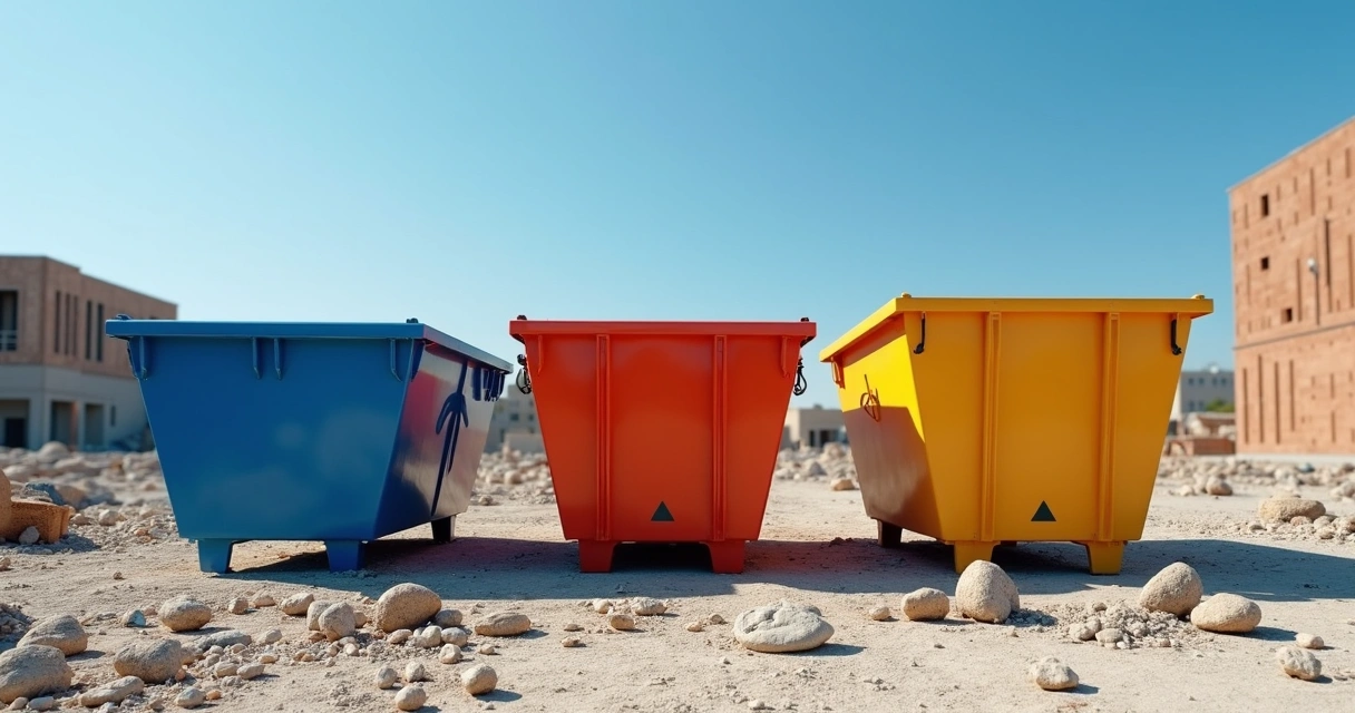 Caçambas de tamanhos diferentes lado a lado em canteiro de obras 