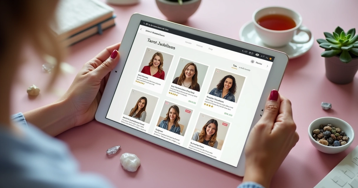 Página web com listas de tarólogos, mulher procurando taróloga no tablet 