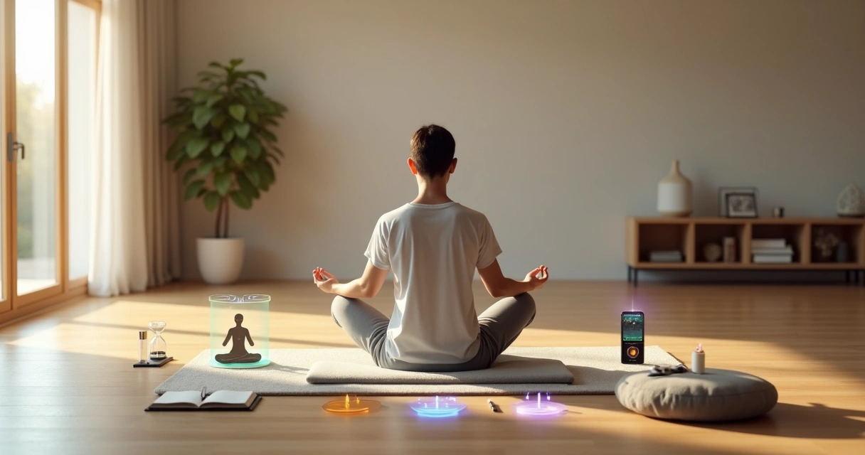 Pessoa escolhendo técnica de meditação diante de várias opções visuais distintas 