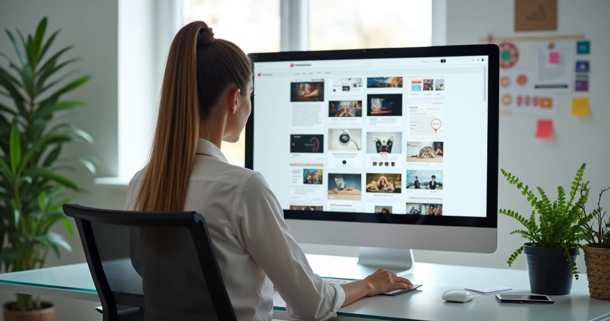 Empresária escolhendo tema de site WordPress em tela de computador 