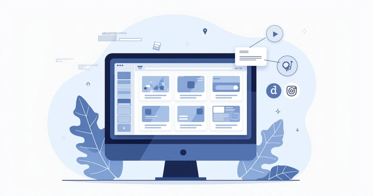 Editor visual com opções de templates de site em tela de computador. 