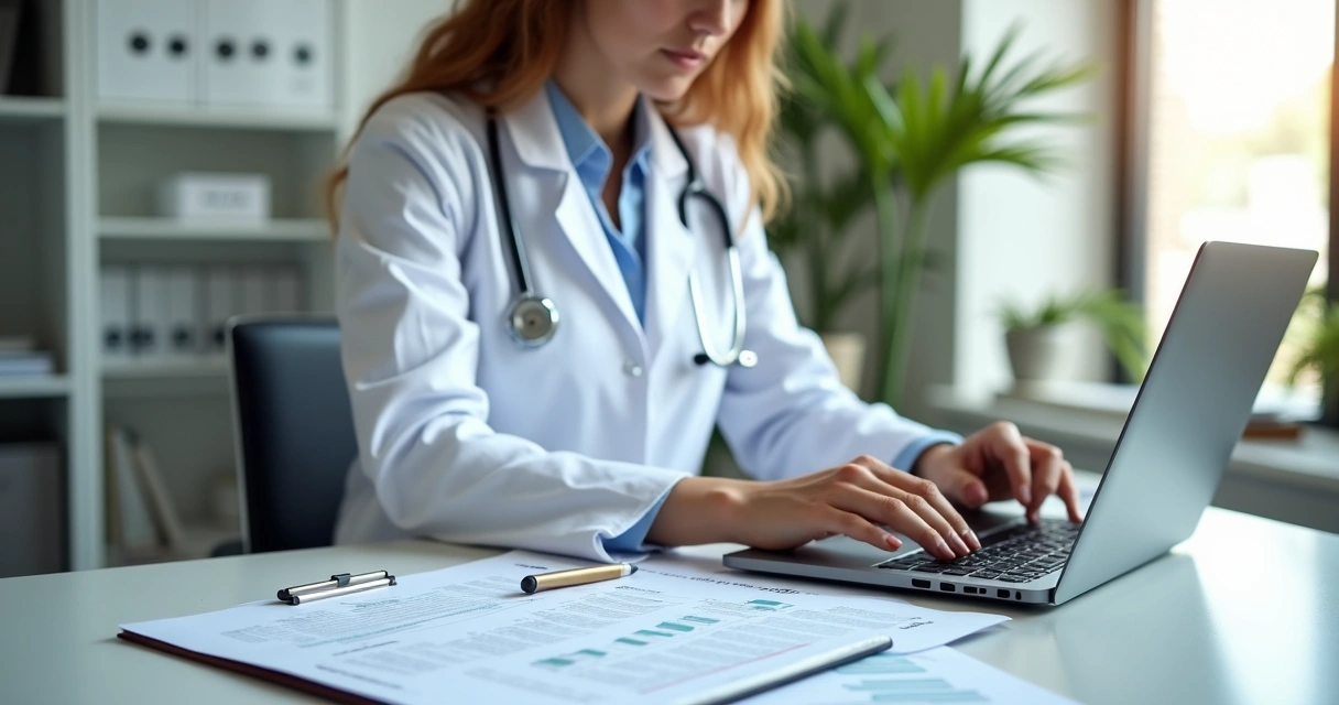 Médica analisando documentos para escolher o tipo de empresa