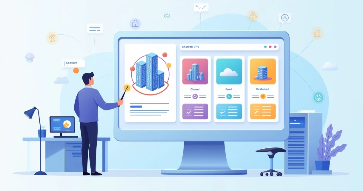 Comparação visual de tipos de hospedagem de site com símbolos de nuvem, prédio, servidor e gráfico de custos 