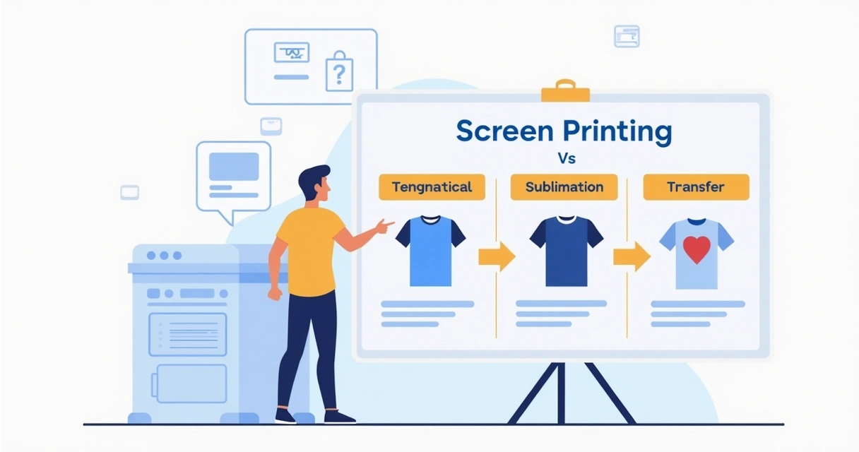 Pessoa comparando tipos de impressão de camisetas em um painel