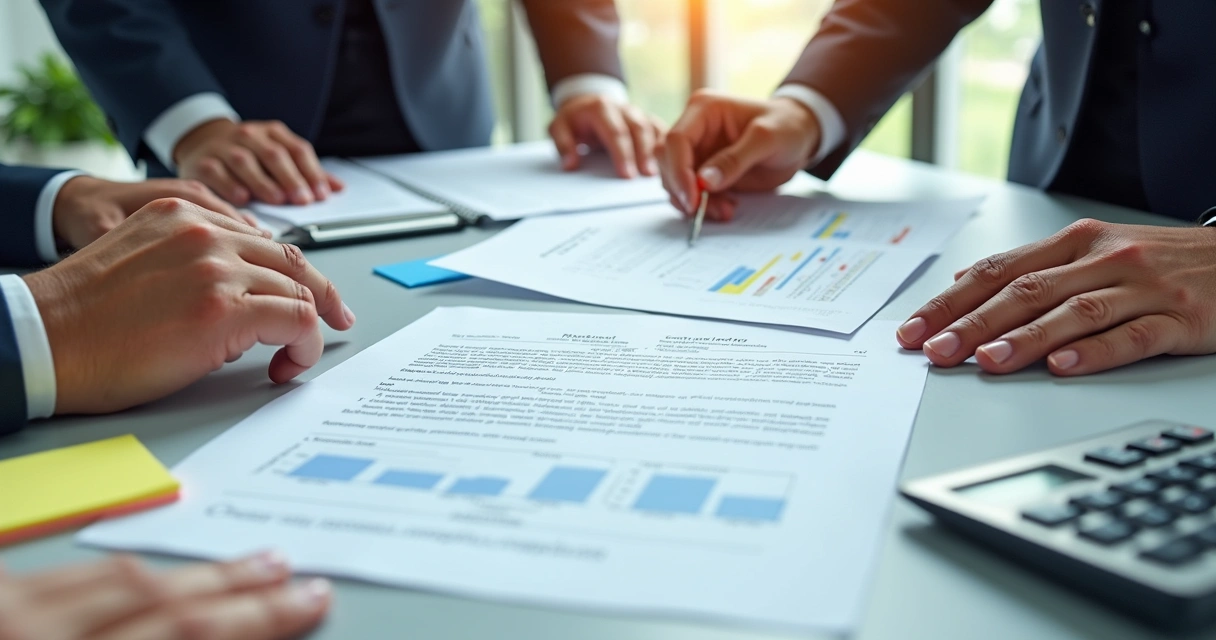 Sócios analisando diferentes tipos de contratos sobre uma mesa de escritório 
