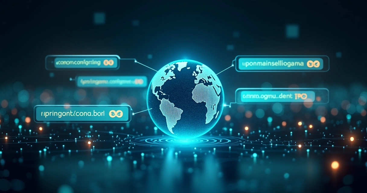 Telas flutuantes com opções de domínios e diferentes TLDs em ambiente digital escuro 