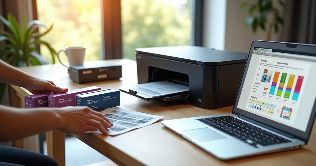 Pessoa escolhendo toner correto para impressora laser em mesa com comparação de modelos 