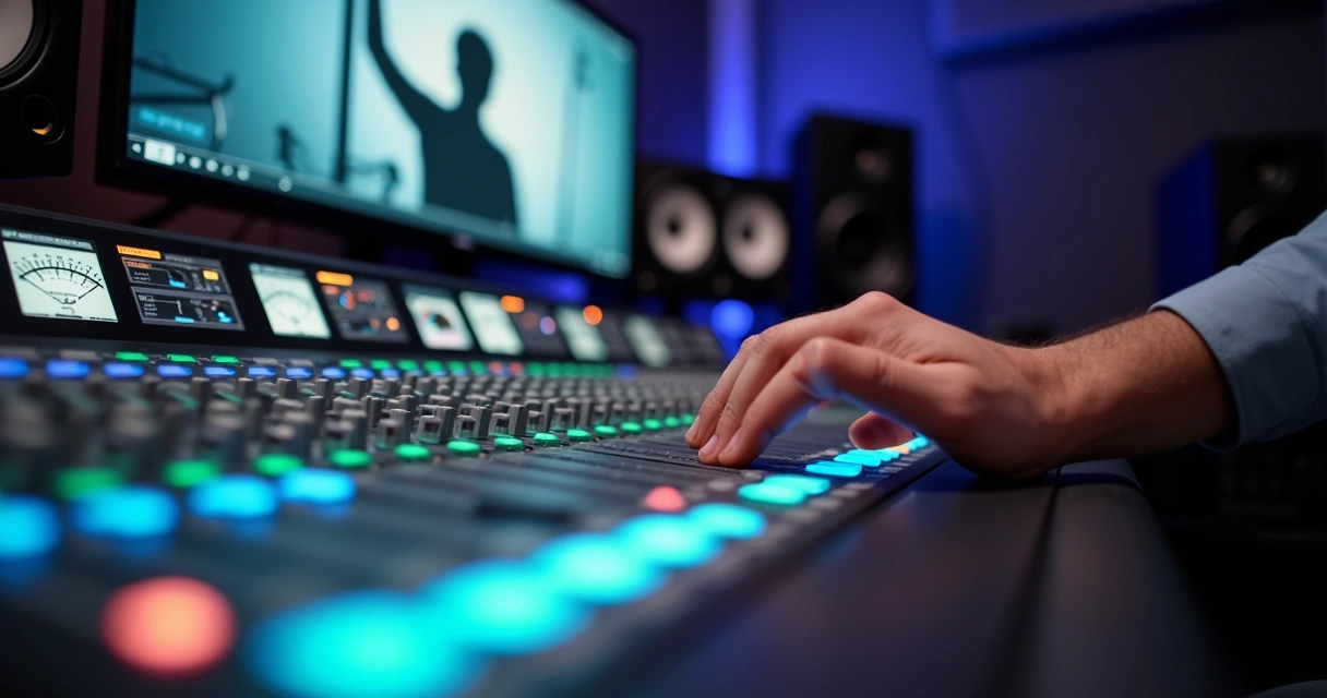 Profissional ajustando faixas de áudio na mesa de som em estúdio 