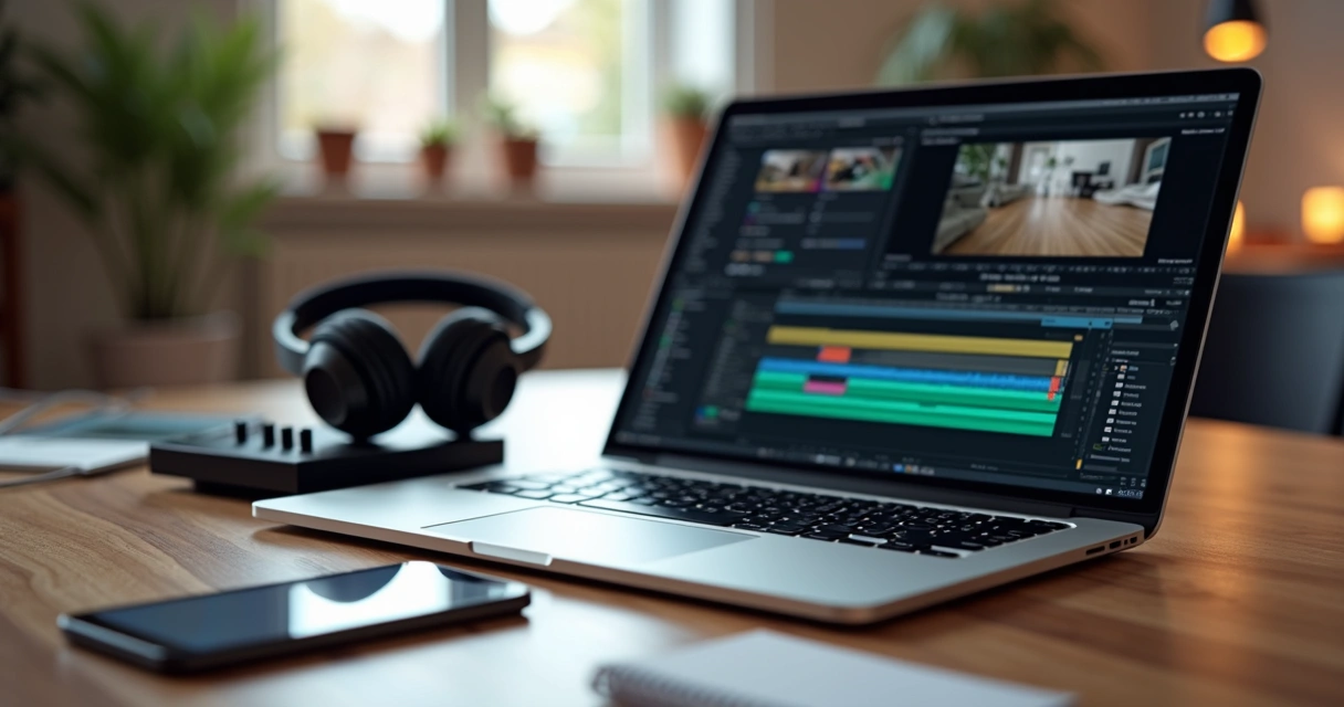 Mesa com computador, fones de ouvido e software de edição de vídeo aberto mostrando linha do tempo e trilha sonora 