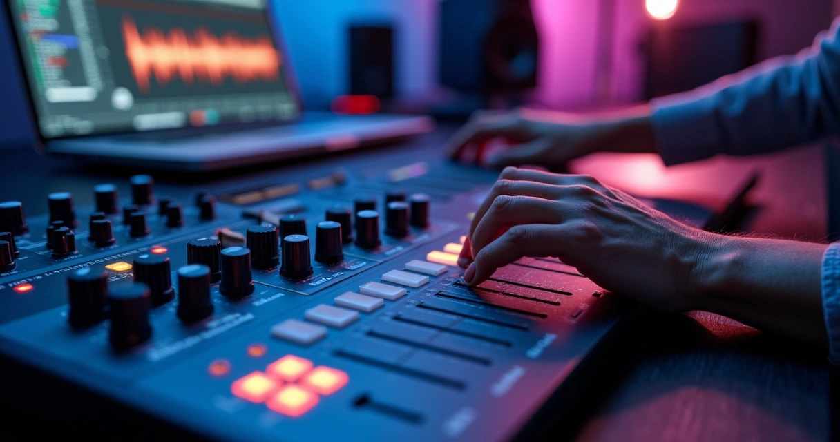 Mãos segurando controle de mixer de som profissional com ondas sonoras digitais e laptop em fundo de estúdio audiovisual 