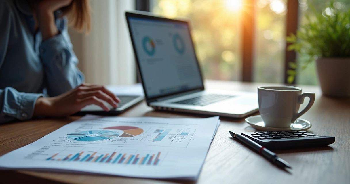 Mesa de trabalho com laptop mostrando gráficos, calculadora, bloco de notas e café, ilustrando análise de modelos de cobrança para MVP SaaS 