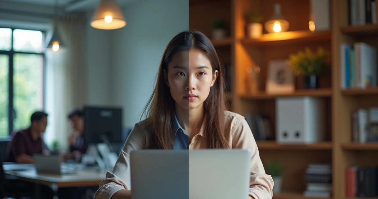 Pessoa olhando para duas telas, uma com cenário de escritório e outra de casa