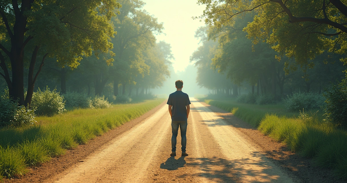Pessoa em pé diante de dois caminhos opostos, simbolizando indecisão e escolhas 