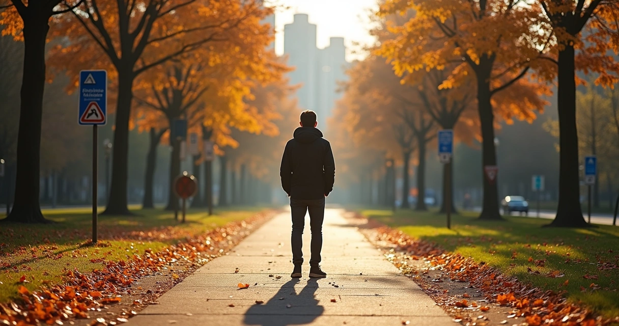Pessoa de costas escolhendo caminhos diferentes em parque 
