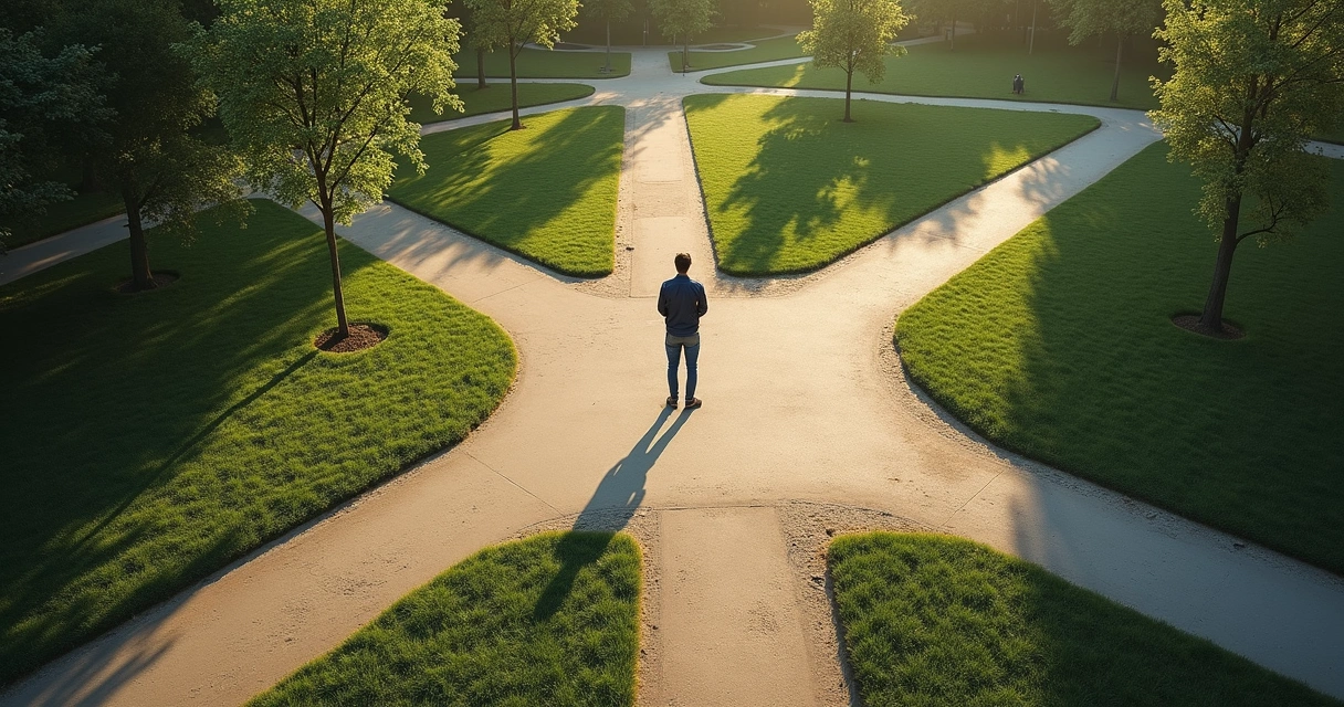 Pessoa parada diante de várias trilhas em um parque, decidindo o caminho