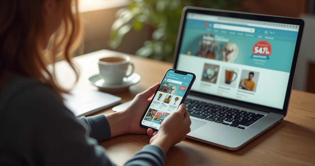 Pessoa escolhendo entre opções de compras online no notebook e celular 