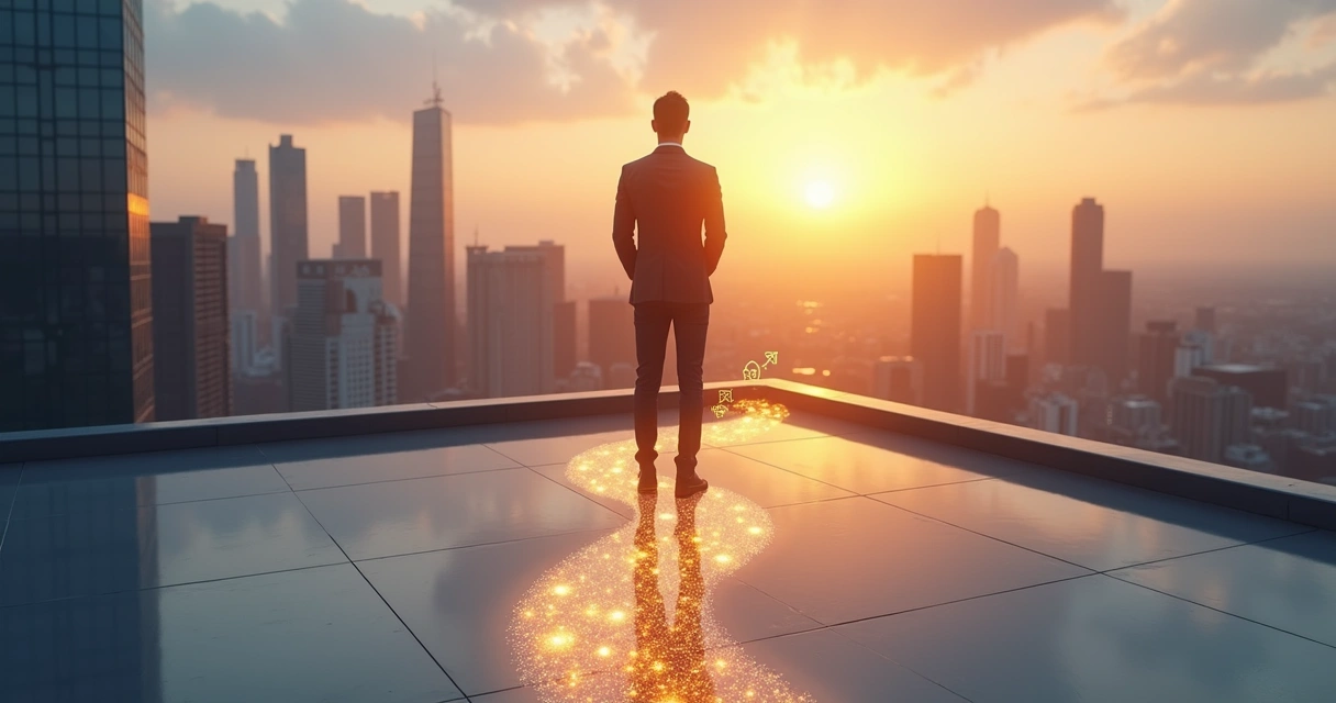 Pessoa em encruzilhada profissional olhando para cidade ao amanhecer 