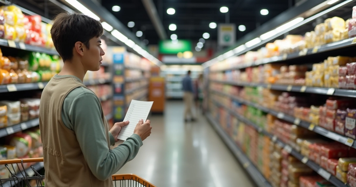 Pessoa comparando lista de compras em mercado
