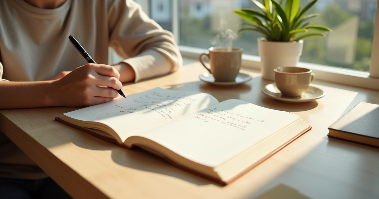 Pessoa escrevendo perguntas de autorreflexão em caderno aberto sobre a mesa 
