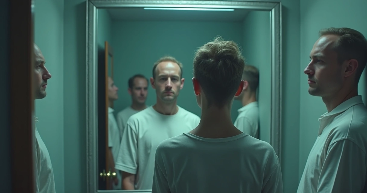 Pessoa olhando para um espelho refletindo múltiplas versões de si mesma 