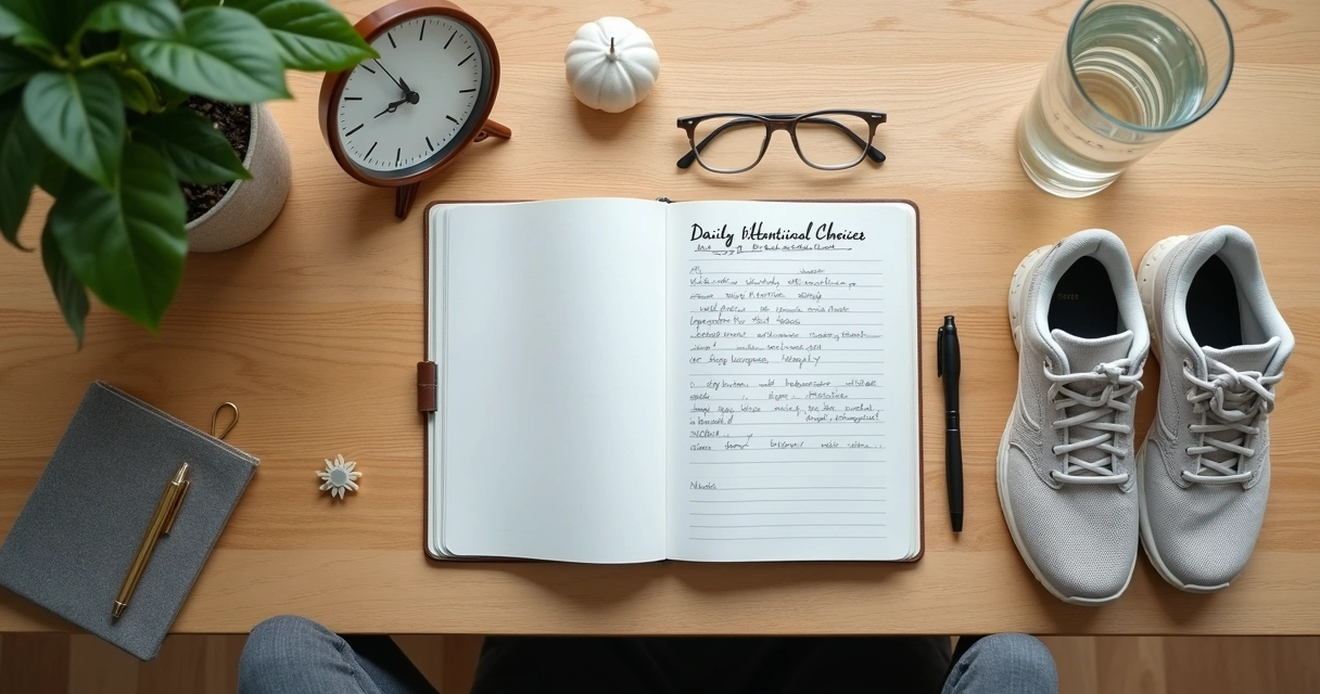 Mesa com caderno, copo de água e tênis ao lado