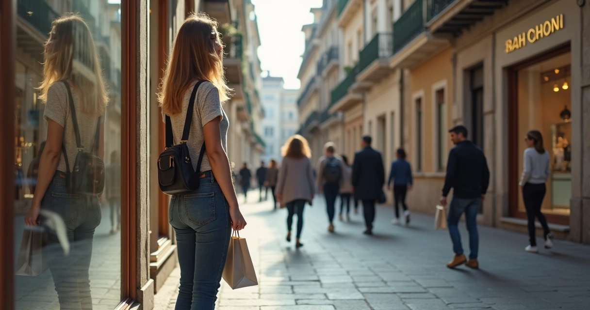 Pessoa olhando vitrines em uma rua, refletindo antes de tomar uma decisão de compra 