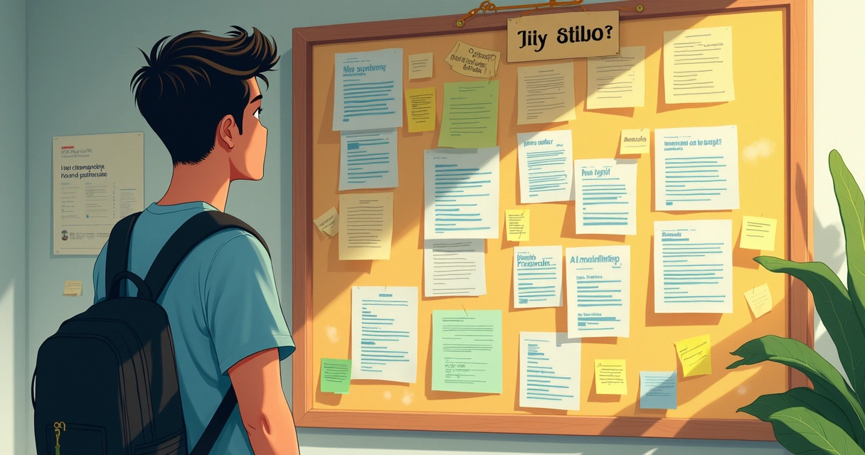 Estudante olhando opções de escolha em um mural de cursos 