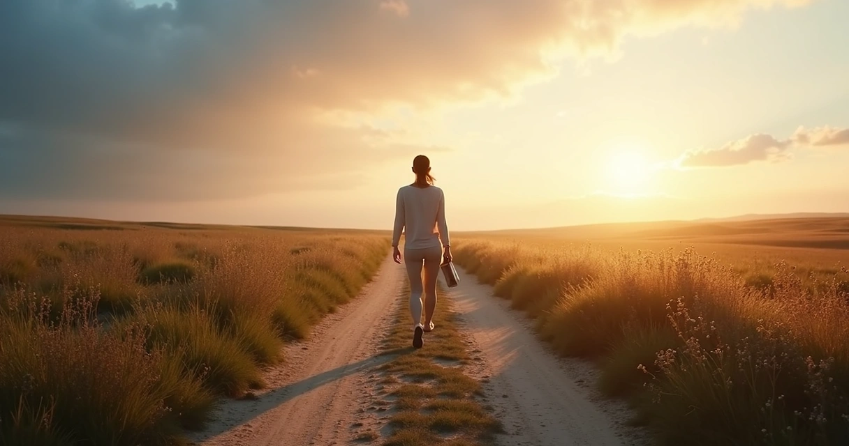 Pessoa caminhando em trilha ao amanhecer escolhendo caminho iluminado 