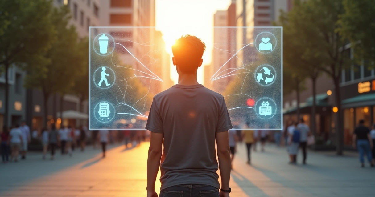 Pessoa escolhendo entre opções em um painel que refletem impacto coletivo 