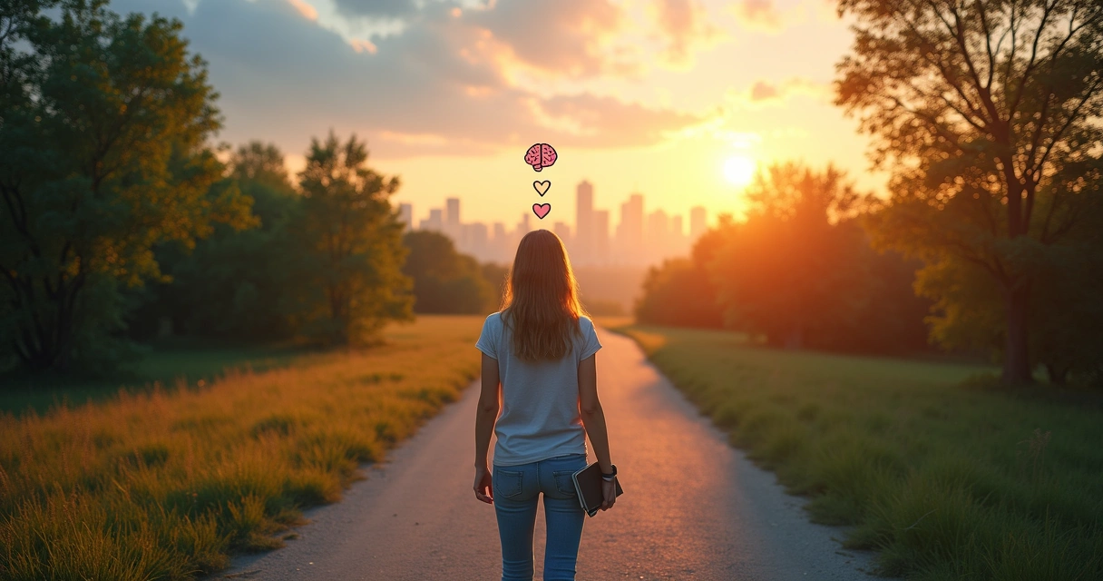 Pessoa caminhando em encruzilhada com cidade ao fundo simbolizando escolhas conscientes 