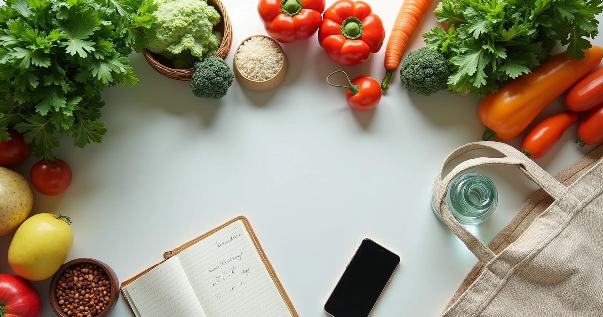 Mesa com alimentos naturais, caderno e saco reutilizável 