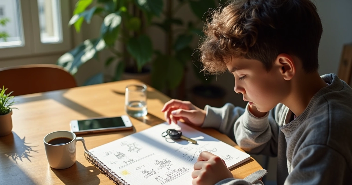 Pessoa refletindo sobre escolhas com anotações e objetos pessoais em uma mesa