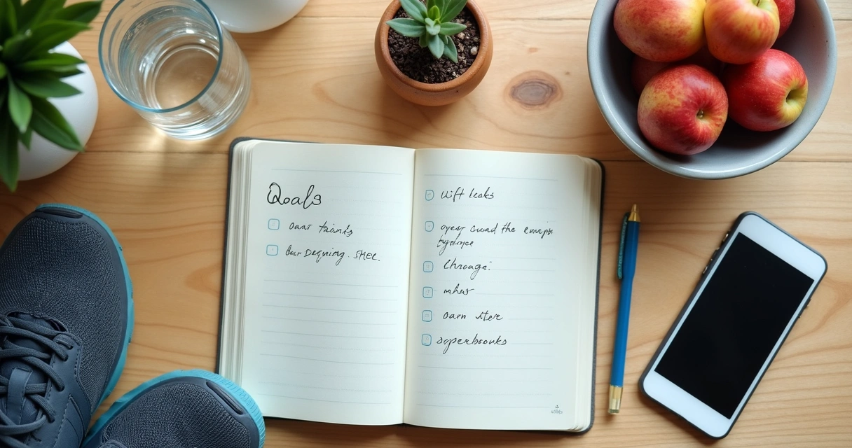 Mesa com caderno, água, fruta e celular representando escolhas diárias