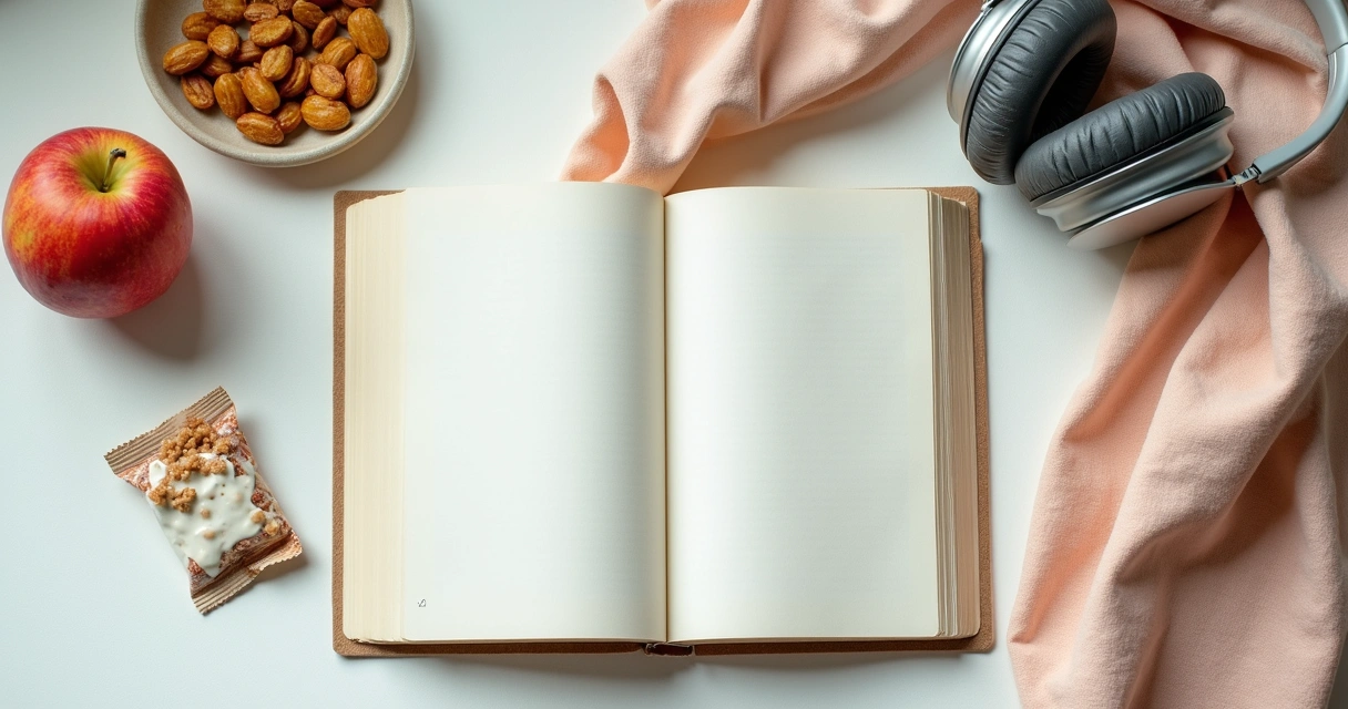 Mesa com fruta, livro e fones ao lado de salgadinho fechado 