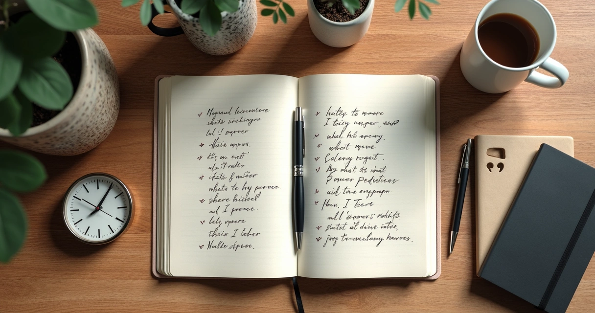 Caderno com anotações emocionais ao lado de café e relógio