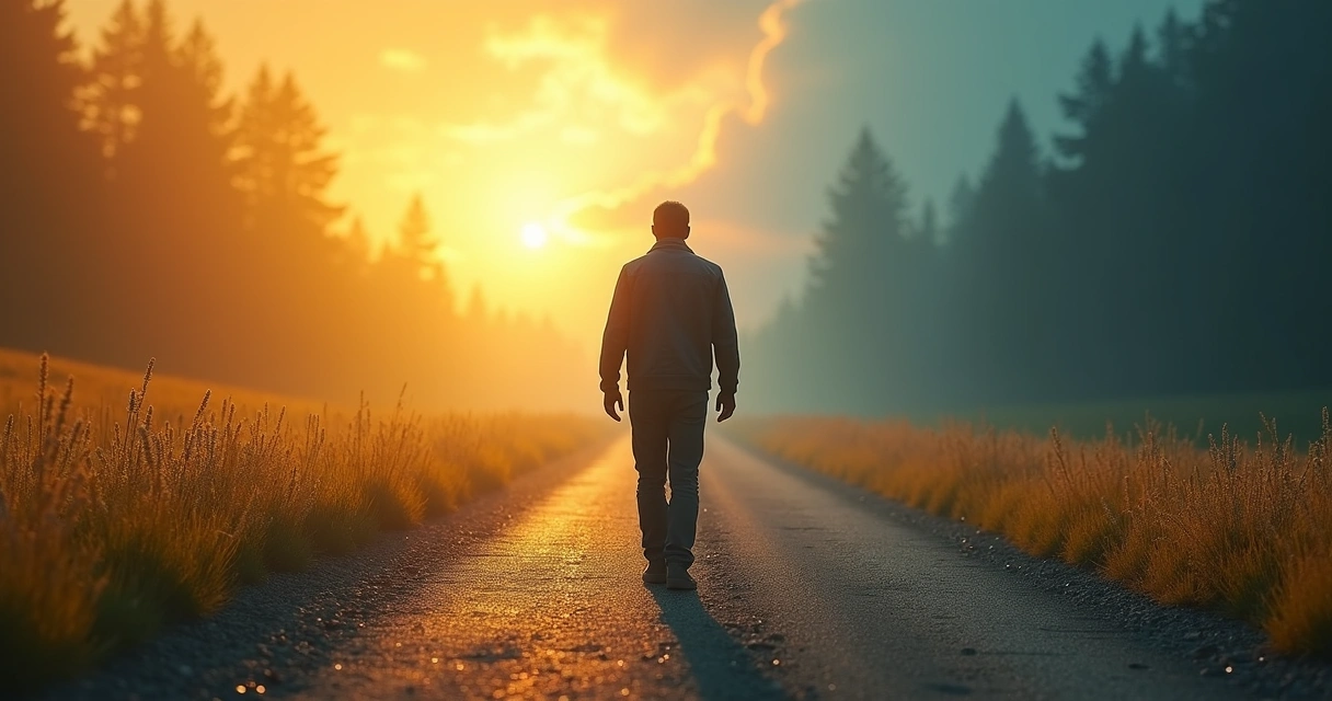 Pessoa caminhando dividida em dois caminhos diferentes, simbolizando escolhas contraditórias. 