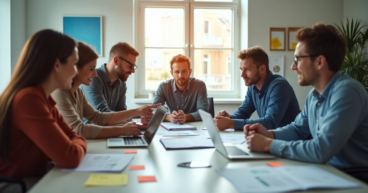 Equipe em mesa avaliando opções em reunião 