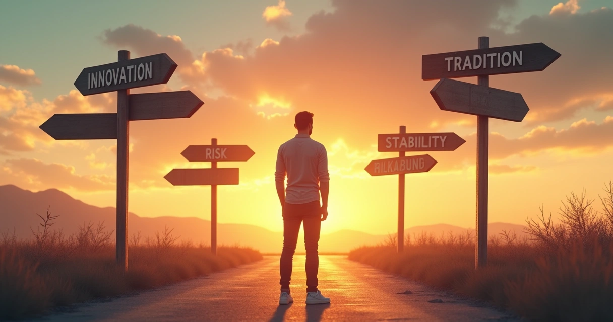 Silhueta de pessoa em pé diante de várias placas de direção em sentidos diferentes