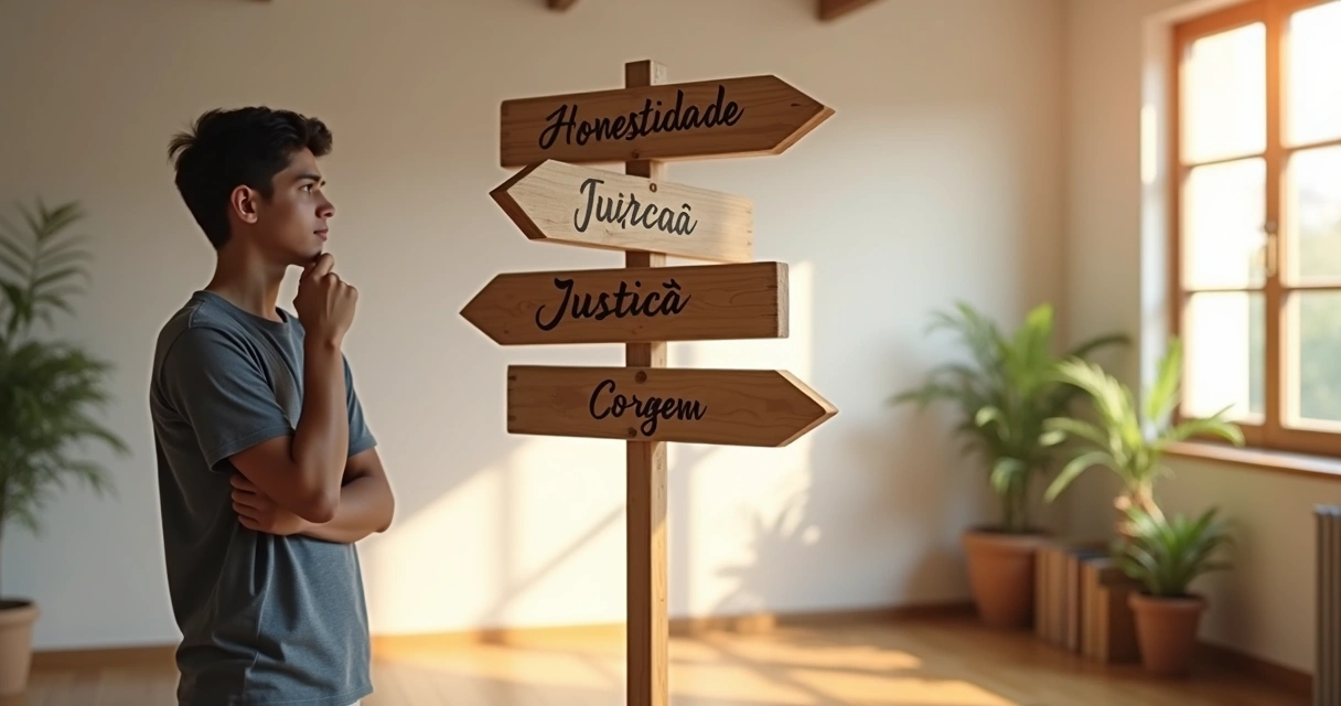 Pessoa refletindo diante de diversas opções éticas ilustradas em placas diante dela