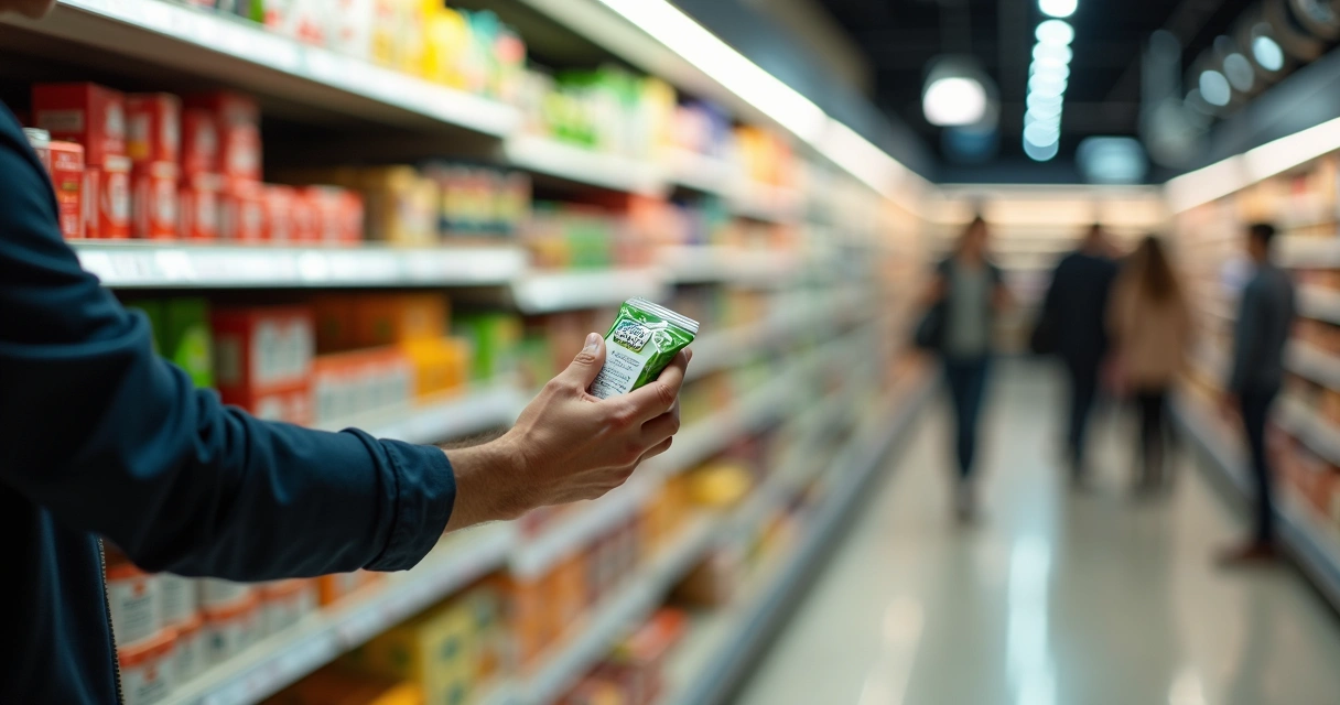 Pessoa escolhendo produto ético em prateleira de supermercado 