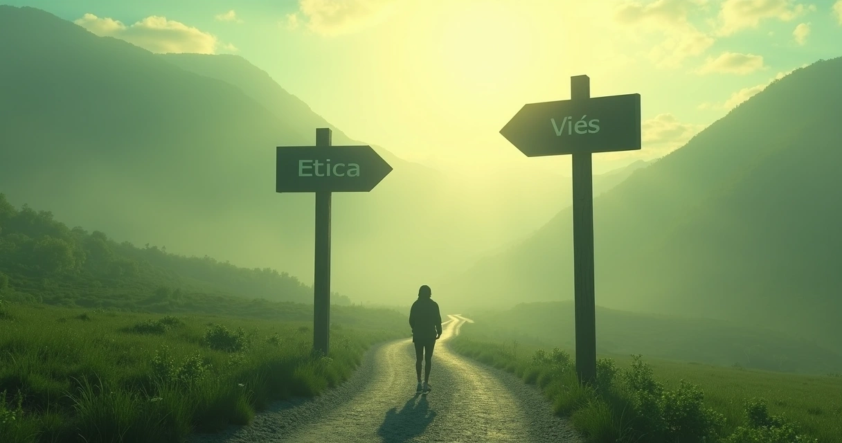 Indivíduo diante de encruzilhada com placas para decisões éticas e enviesadas 