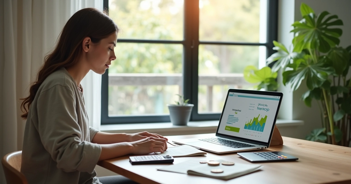 Pessoa analisando finanças pessoais com símbolos de dinheiro e valores éticos equilibrados 