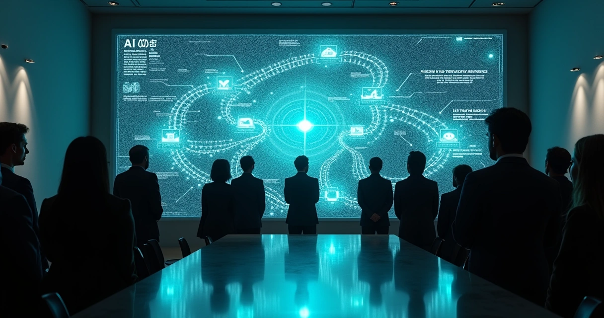 Pessoas em frente a uma tela gigante analisando escolhas éticas sobre IA 