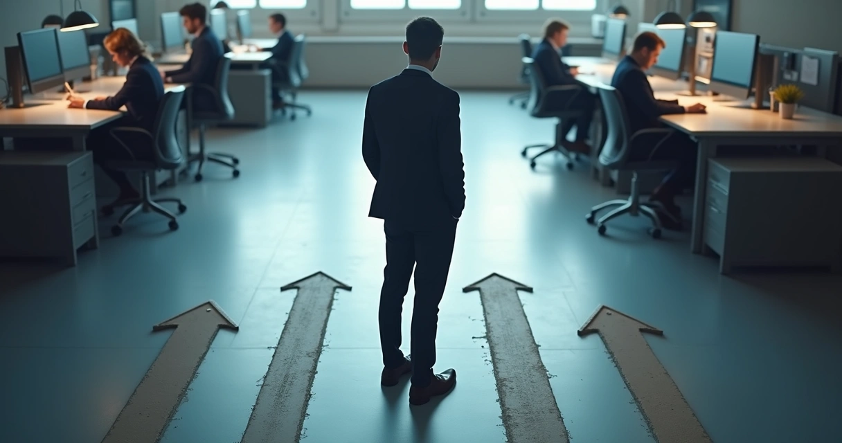 Pessoa refletindo diante de várias setas que simbolizam decisões e valores no trabalho 